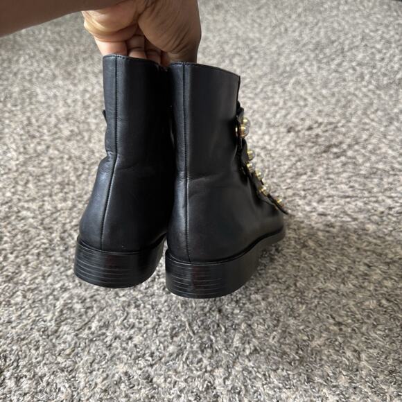 Zara Leather COMBAT Boots Black Pearl DECOR Strap Lace up Zip EU 37 US 6.5 READ - Picture 3 of 11